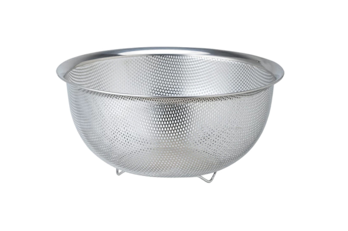 Shimoyama Stainless Steel Strainer 24cm, a durable, punched steel colander ideal for rinsing or draining pasta, vegetables, or fruits, reflecting Japanese craftsmanship and quality from Knifewear's curated kitchen collection.