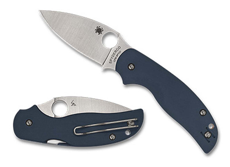 Spyderco Sage 5 folding pocket knife, showing its open and closed positions, features a signature thumb-hole for one-handed use, a robust steel blade, and a convenient pocket clip on a blue handle.
