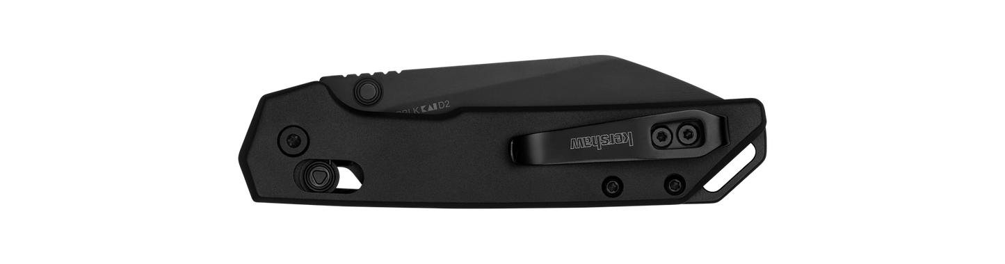 Kershaw Iridium Reverse Tanto pocket knife with a matte-black handle and pocket clip, designed for precision tasks with its unique blade shape.