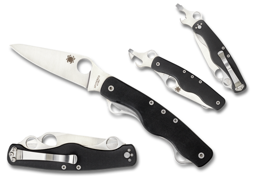 Spyderco Clipitool knife with a stainless blade and black G-10 handle, featuring a thumb-hole, pocket clip, and bottle-opener. Shown open and closed from various angles, highlighting its versatile design.