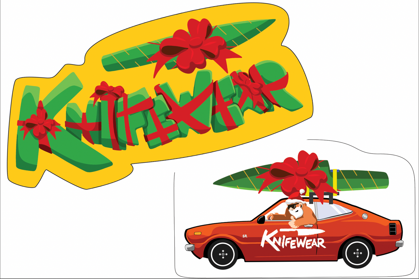 Sticker Sunday November 2025 features two holiday-themed designs: KNIFEWEAR in gift-wrapped 3D letters and a vintage coupe with a surfboard and bear, celebrating Knifewear's unique, collectible style.