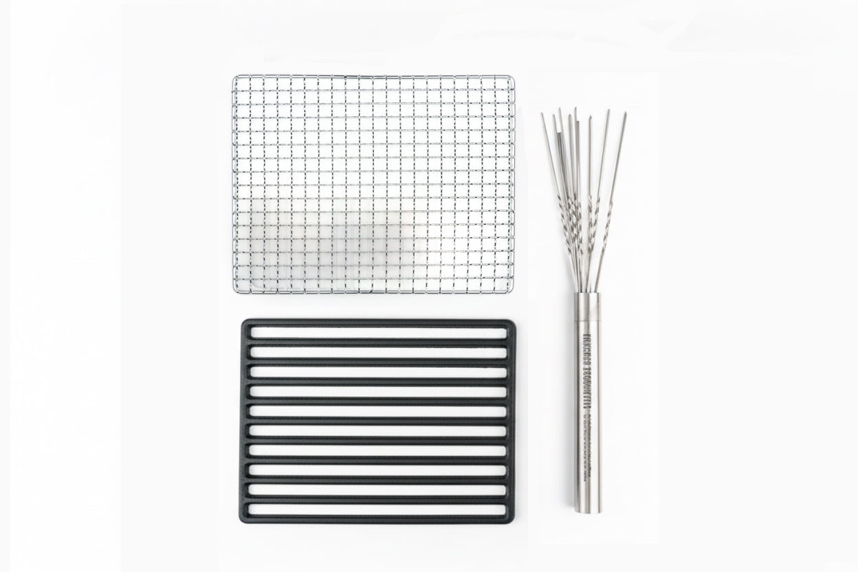 Kaginushi Konro Small Yakitori Grill - BQ-8F Upgrade Kit: Includes a stainless-steel mesh grill, cast-iron slotted grate, and yakitori skewer set, enhancing your grilling experience without the grill base.