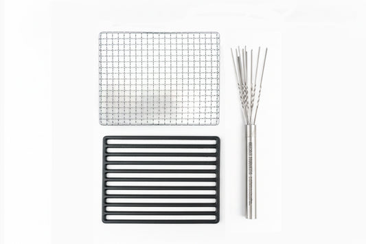 Kaginushi Konro Small Yakitori Grill - BQ-8F Upgrade Kit: Includes a stainless-steel mesh grill, cast-iron slotted grate, and yakitori skewer set, enhancing your grilling experience without the grill base.