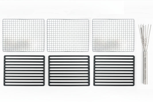 Kaginushi Konro Large Yakitori Grill - BQ-8T Upgrade Kit features stainless-steel grill grates, cast-iron plates, and a Yakitori skewer kit, ideal for enhancing your grilling experience.