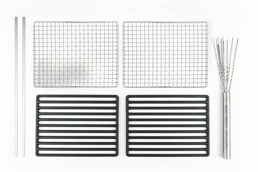 Kaginushi Konro Medium Yakitori Grill - BQ-8WF Upgrade Kit featuring two stainless steel grill replacements, two cast-iron grill tops, a skewer kit, and two yakitori rods, ideal for grilling enthusiasts.