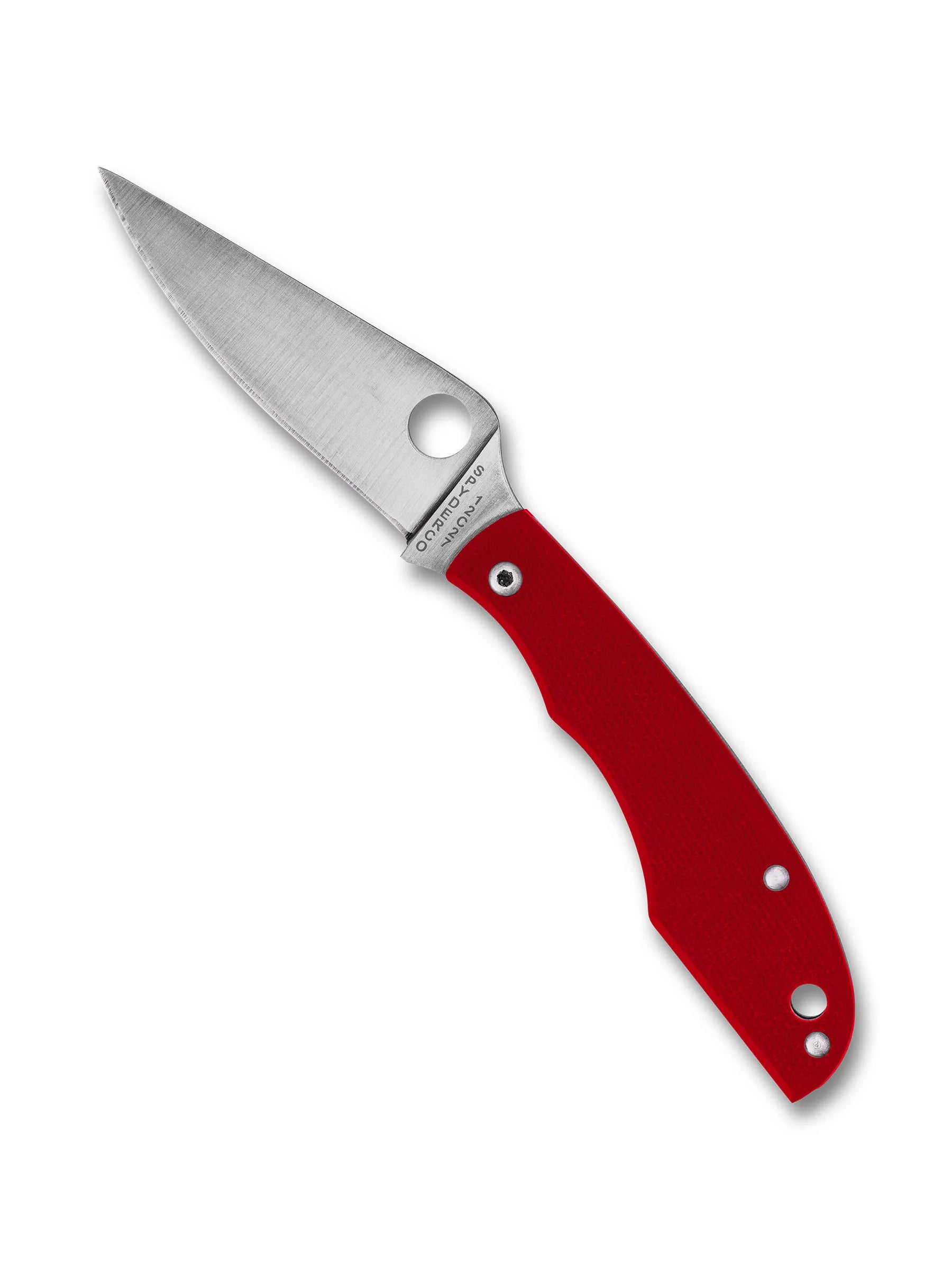 Spyderco Grasshopper folding pocket knife with a stainless-steel blade featuring a round thumb-hole and a bright red G-10 handle, designed for one-handed opening and everyday utility.