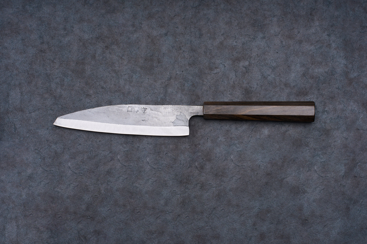 Fukamizu Ginsan Satuma no Kami Ko-Bunka 150mm knife with a single-bevel steel blade and octagonal wooden handle, ideal for precision slicing of fish and meats.