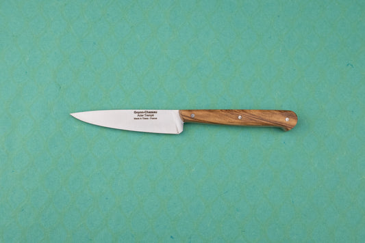 Goyon-Chazeau Le P'tit Tradi: A slim utility paring knife with a wooden handle and stamped stainless steel blade, ideal for precise kitchen tasks like slicing shallots and herbs.