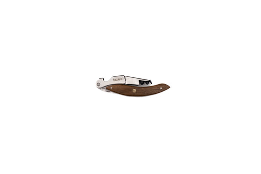 Hazaki Wine Corkscrew & Bottle Opener, a compact sommelier knife with a wooden handle, featuring a metal helix, lever, foil cutter, and bottle opener, crafted from Canadian White Oak and Black Walnut.