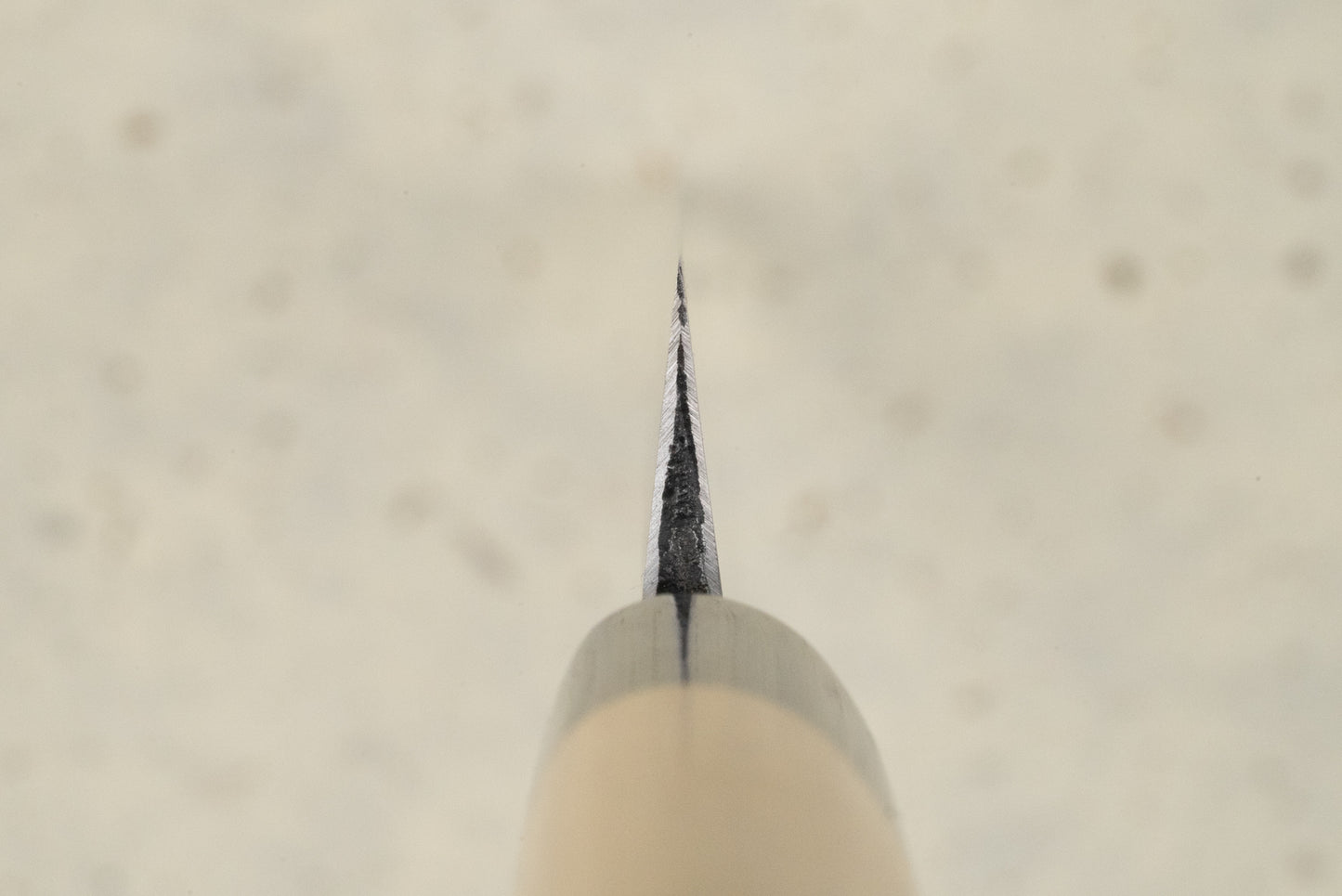 Masamoto KK Shirogami Kasumi Yanagiba 240mm knife's acute tip viewed straight-on, showcasing its precise, double-beveled blade, embodying Masamoto's legendary craftsmanship and elegance for slicing sashimi. Handle subtly visible below.