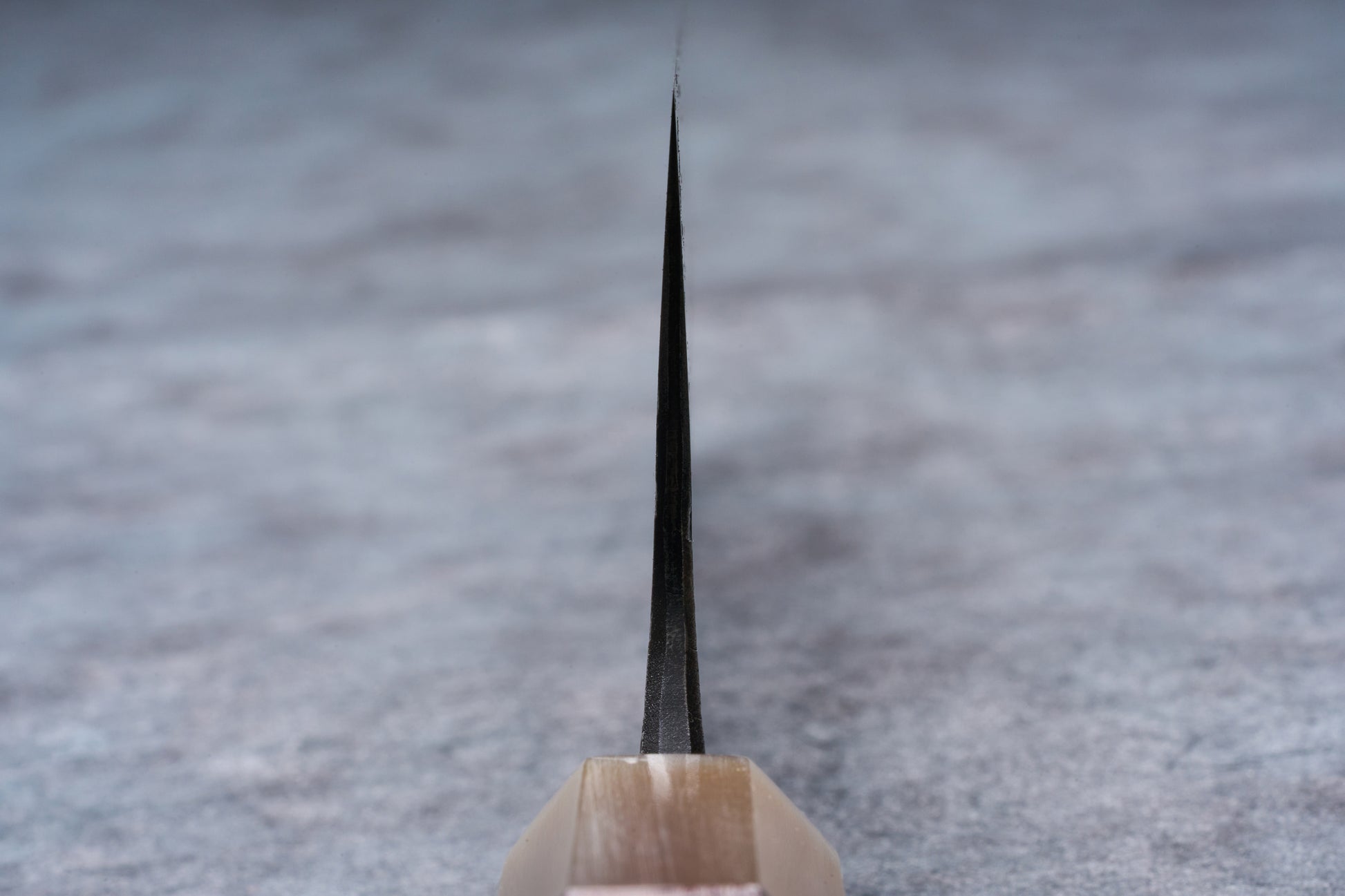 Mazaki Aogami Super Honsanmai Kurouchi Nashiji Kiritsuke Gyuto 210mm, close-up of blade edge, hint of handle visible, showcasing craftsmanship and precision.