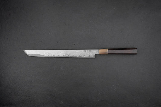 Satoshi Nakagawa x Naohito Myojin Aoichi Etched Damascus Sakimaru Sujihiki 330mm from Nakagawa Hamono