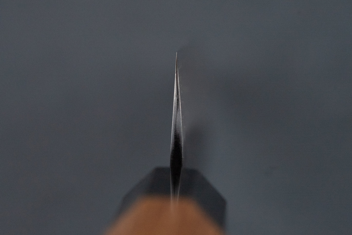 Macro view of the Nigara SG2 Kurouchi Tsuchime Petty 150mm knife's razor-sharp edge, showcasing its precision craftsmanship. The handle and bolster are blurred, highlighting the blade's fine detail.