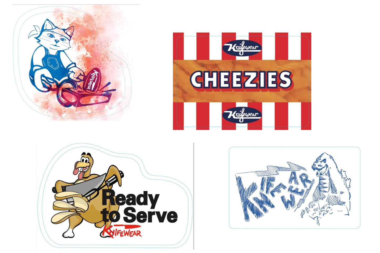 Sticker Sunday October 2025 Bundle featuring four playful Knifewear-themed designs: a cooking cat, a snack parody, a cartoon turkey with a knife, and a Godzilla-like monster illustration.