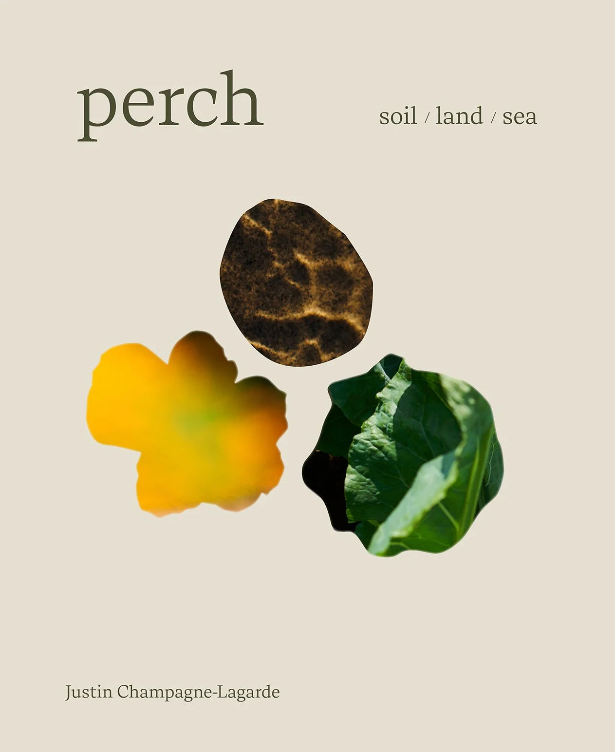 Minimalist cover art for Perch - Soil/Land/Sea by Justin Champagne-Lagarde, featuring organic textures symbolizing earth, leaf, and light, reflecting innovative Canadian cuisine.