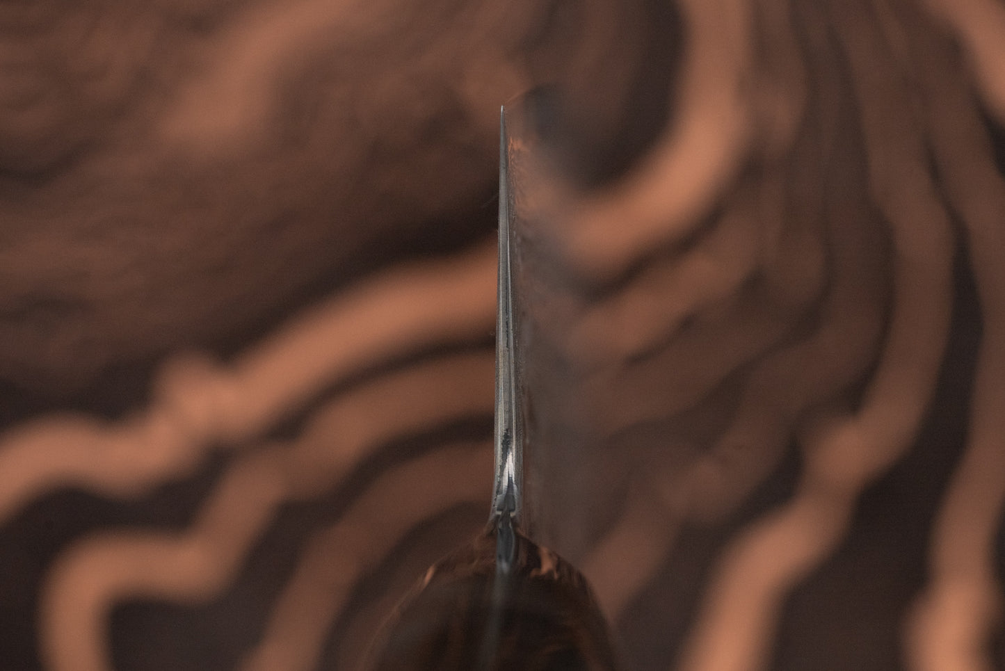 Ryusen Oukokuryu Santoku 170mm knife blade, edge-on view, showcasing its thin, precise steel profile with a blurred wood-grain pattern in the background and a glimpse of the ornate handle.