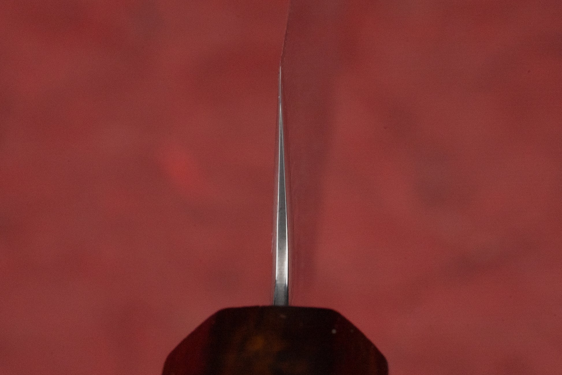 Tsunehisa 440C Sanjusan 参拾参 Tsuchime Migaki Damascus Sujihiki 240mm knife showcasing its sharp steel blade emerging from a wooden handle, ideal for precise slicing of meats and proteins.