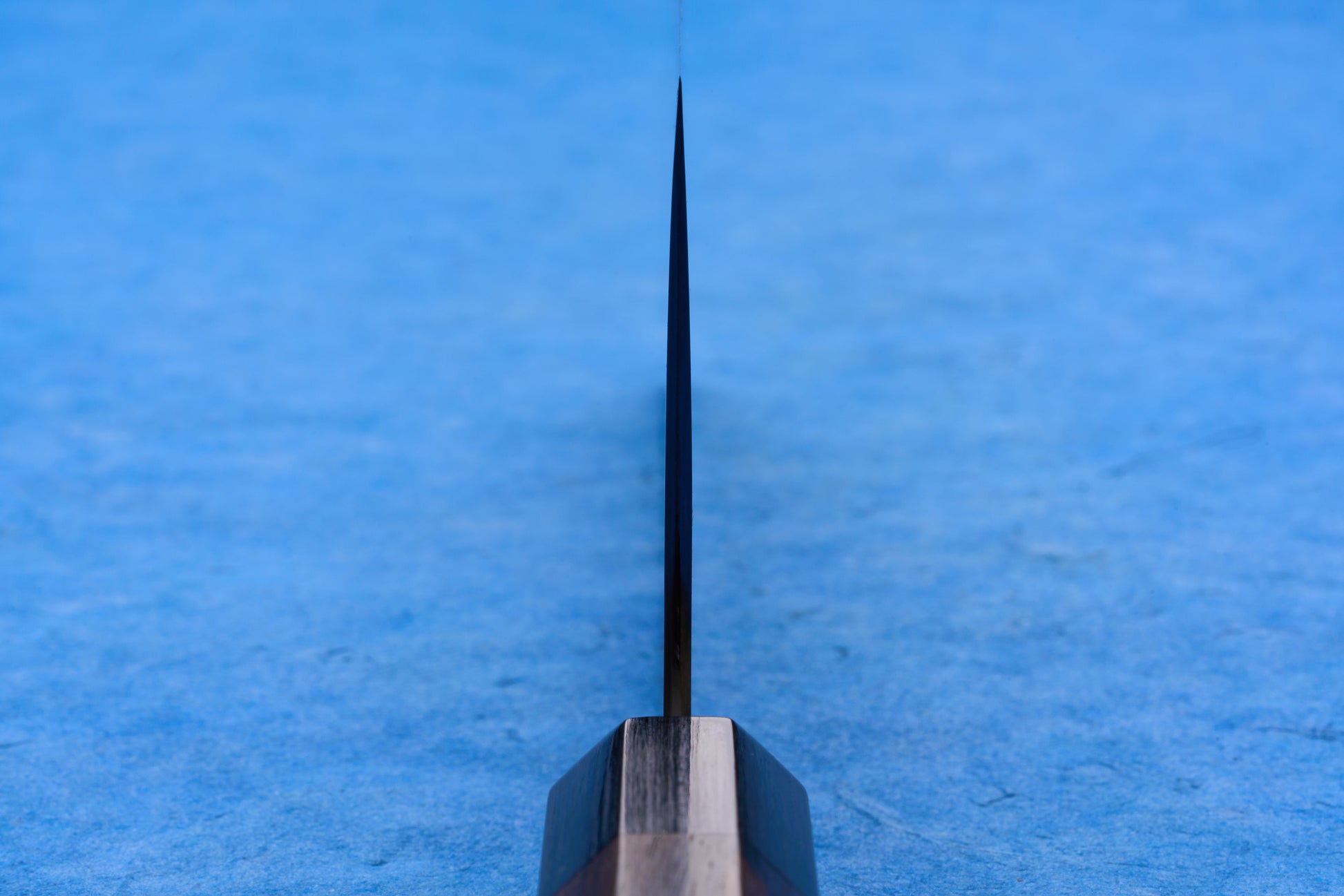 Shibata Koutetsu Chromax Migaki Boss Nakiri 170mm knife stands upright, showcasing its thin blade and wooden handle against a textured background, ideal for slicing, dicing, and mincing.