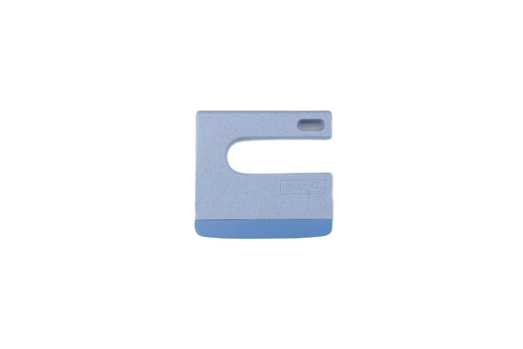 Skagfa Kid's Knife: A hand-held scraper tool with a rigid speckled plastic body and flexible blade, designed for safe kitchen use, ideal for introducing children to cooking.