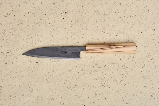 Couteau Ko-Santoku Suzuki Uchi Hamono Shirogami Kurouchi pour gaucher, biseau simple, 135 mm