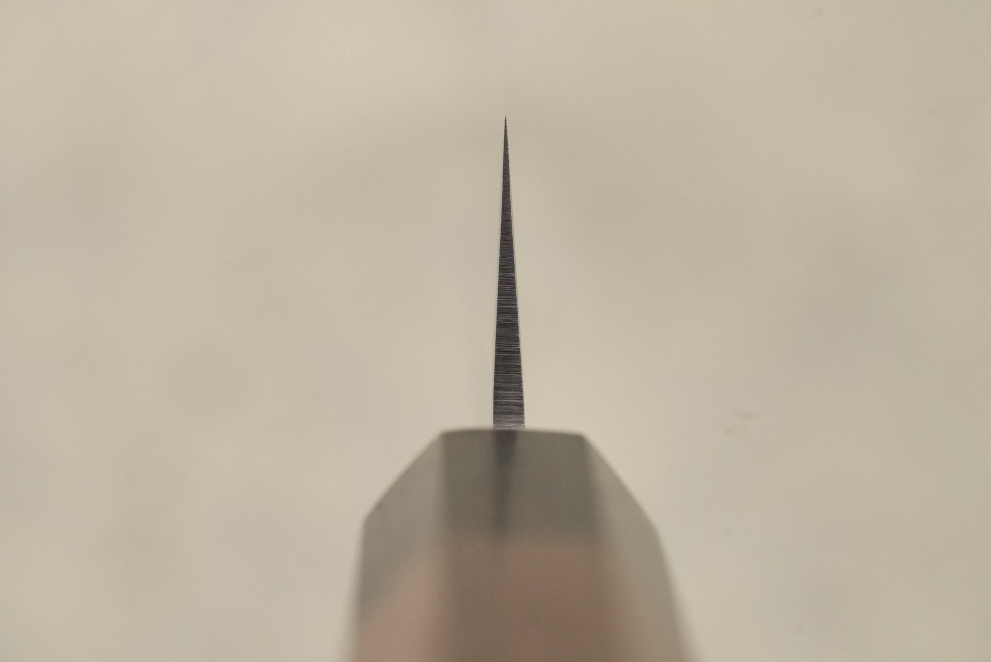 Touroku Sakai Yukage Sujihiki 240mm knife blade close-up, showcasing its razor-thin edge tapering to a sharp tip, perfect for precise slicing, embodying Japanese craftsmanship excellence.