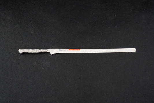 Brieto Pro Flexible Salmon Slicer with Dimples 320mm M116, featuring a long, narrow, flexible blade and hammered-finish metal handle, ideal for precise slicing of meats and fish, displayed on a dark surface.
