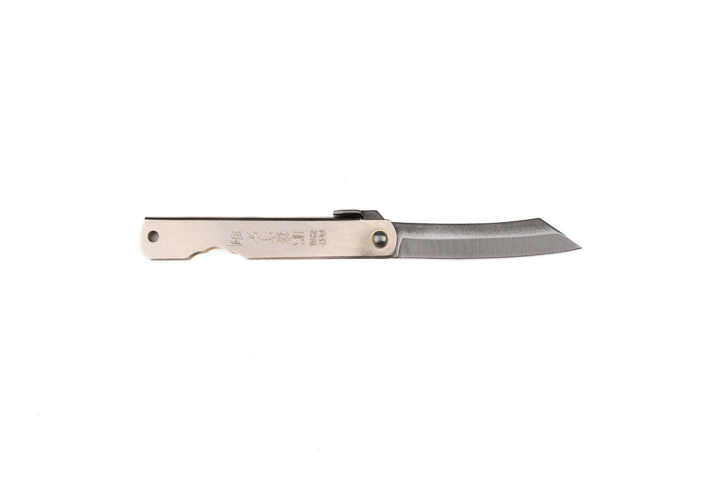 Nagao Kanekoma Silver Higo No Kami Knife, a traditional Japanese folding knife, features a slim metal handle with engraved characters and a single-edged blade, embodying craftsmanship by fifth-generation blacksmith Mitsuo Nagao.