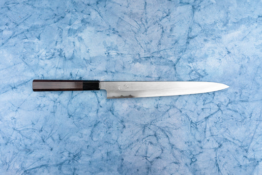 Satoshi Nakagawa Hatsukokoro Aoichi Damascus Shinogi Sujihiki 270mm from Nakagawa Hamono